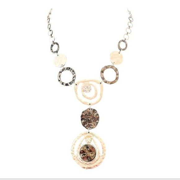 Vintage Silver Hammered Medallion Crystal Open Circle Y Style Statement Necklace - Picture 4 of 5